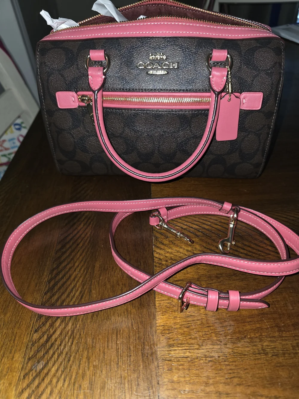 Coach Brown Rowan Signature Satchel with Pink Trim